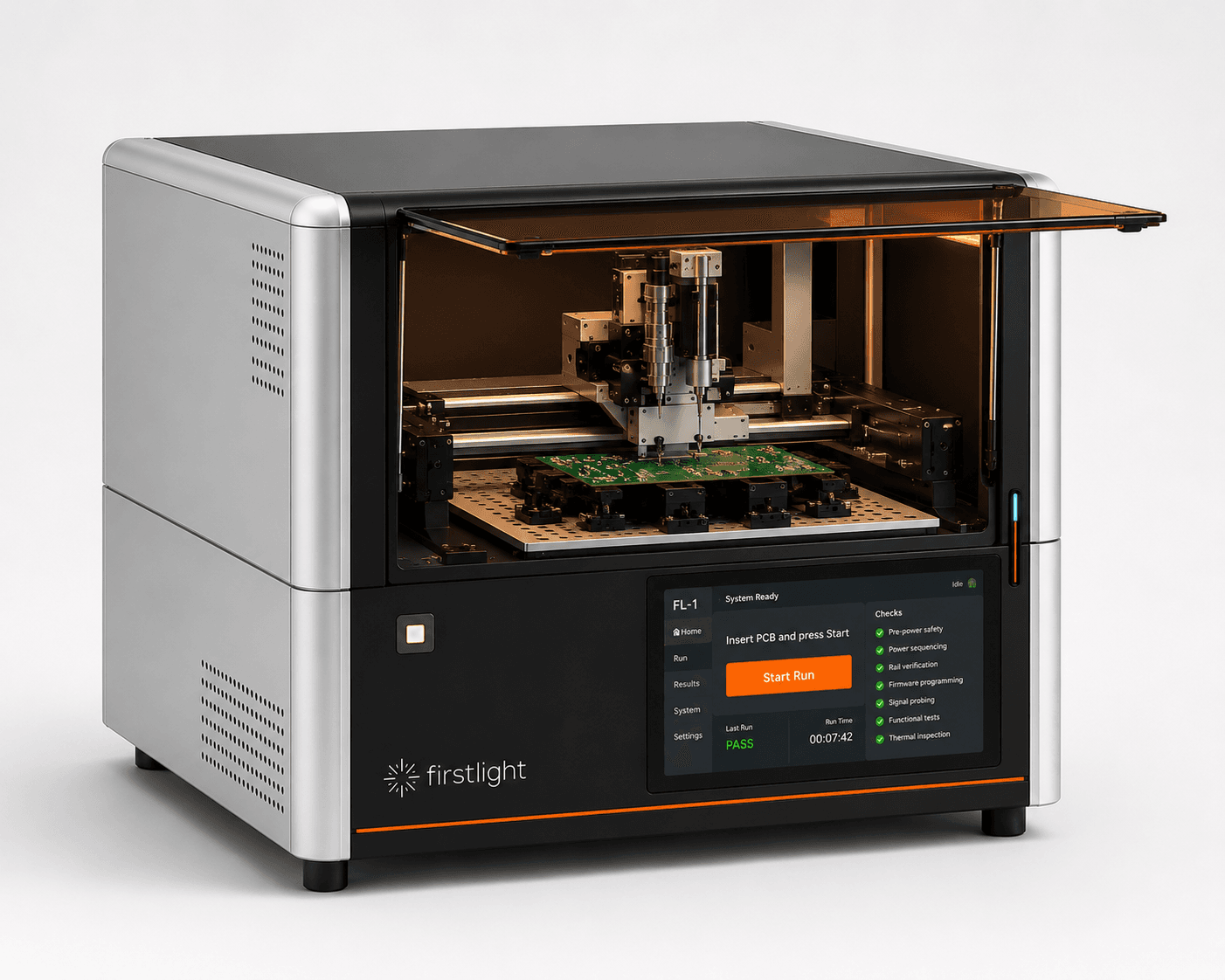 FirstLight FL-1 Desktop with the canopy open, probing a board, the autonomous PCB bring-up and diagnosis station